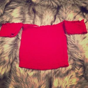 Windsor red smocked off shoulder crop